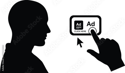 Silhouette of a person clicking on an online ad, illustrating digital advertising, clickbait, and the user experience of online marketing