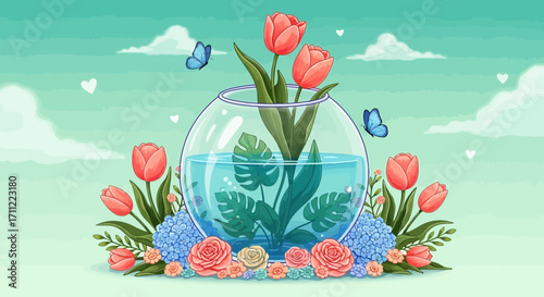 Vector art of a charming illustration of tulips and other flowers arranged in a glass bowl, with butterflies flying around in a soft, dreamy background