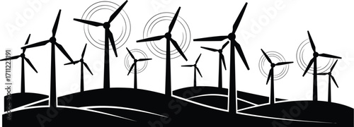 Silhouette of a wind farm on a hill, isolated on white background, showcasing renewable energy and sustainable power generation for a greener future