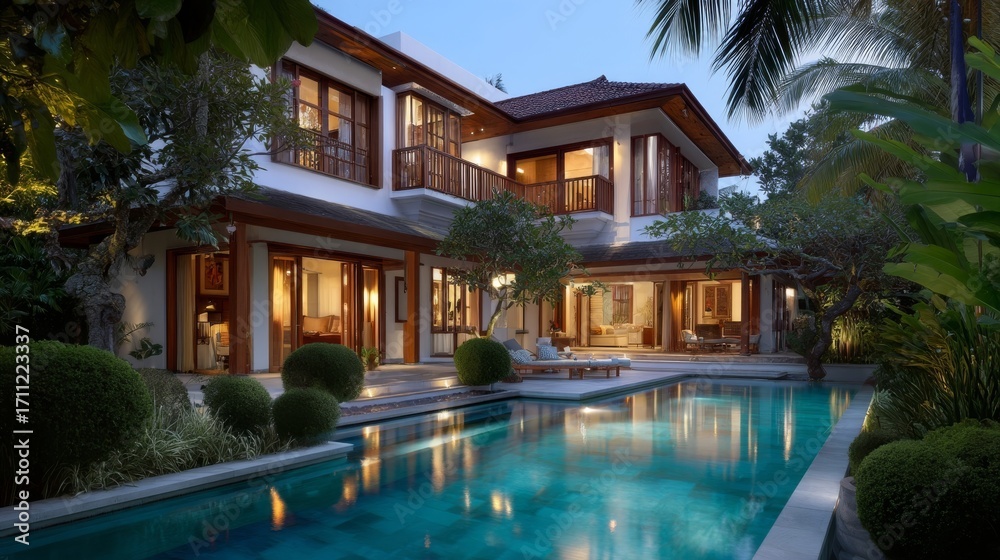 Fototapeta premium A stylish two-story villa blends modern and traditional design,