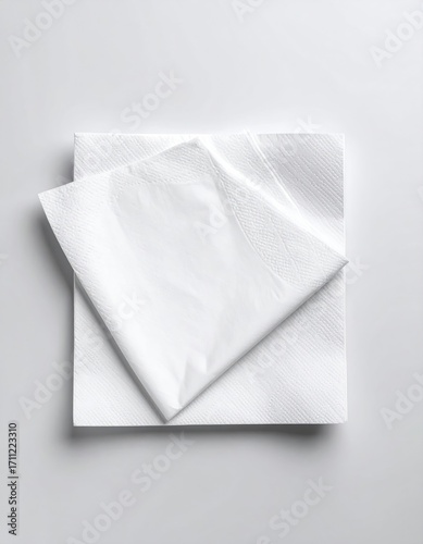 A stack of crisp, white, square, paper napkins with subtle texture lays diagonally on a neutral surface, creating soft shadows and a clean aesthetic
