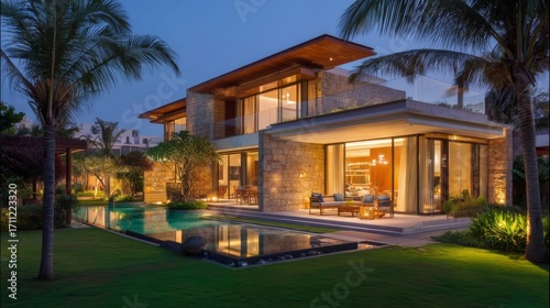 Luxurious modern house at dusk with exterior lights, large glass windows, stone cladding, wooden ceiling overhangs,