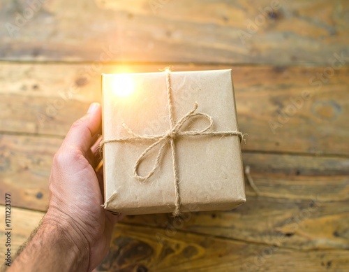 Hand holds a brown paper wrapped gift tied with twine, presented against a warm, textured wooden background with a gentle light flare