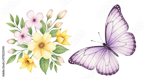 Vector art of delicate watercolor illustration of a light purple butterfly with outstretched wings next to a bouquet of pink and yellow flowers