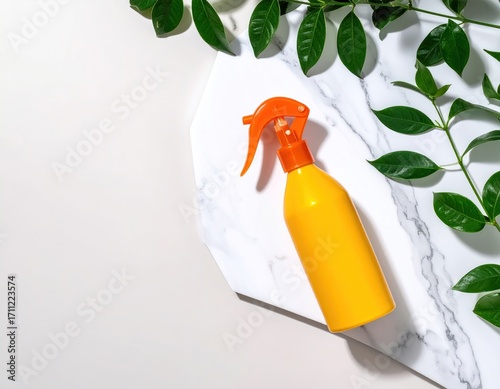 Bright yellow spray bottle with orange trigger atop a faux marble tray adorned with lush green foliage casting crisp shadows in studio lighting