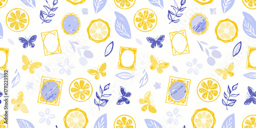 Charming hand drawn seamless pattern with yellow lemons blue butterflies and floral elements on white background