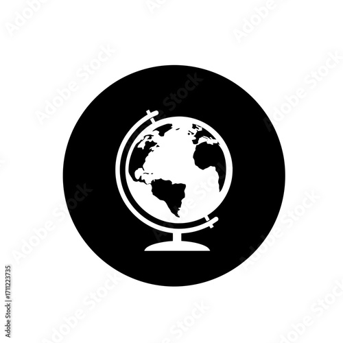 Vector art of a white globe icon on a black circular background, representing the earth and global concepts
