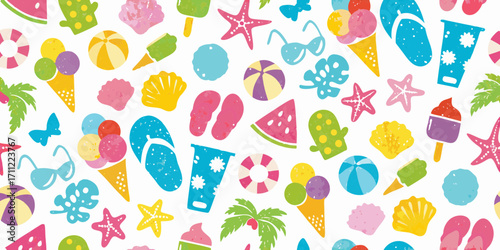 Vibrant summer beach vacation pattern with ice cream sunglasses and flip flops