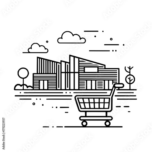 Outline illustration of a shopping cart in front of a modern building with clouds and trees nearby