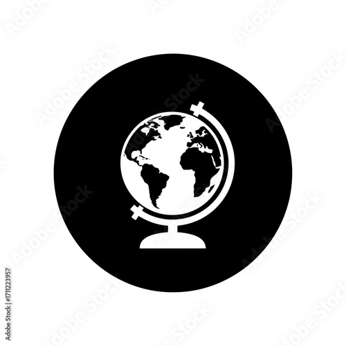 Vector art of a globe icon showing continents, symbolizing global reach, international business, and worldwide connections in a circular frame