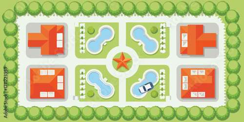 Aerial view of a suburban neighborhood with houses swimming pools and a central star shaped fountain