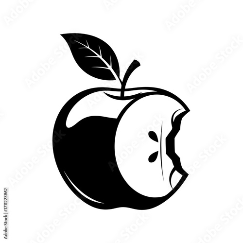 Vector art of a black and white illustration of a bitten apple with a leaf and stem, symbolizing knowledge or a healthy snack