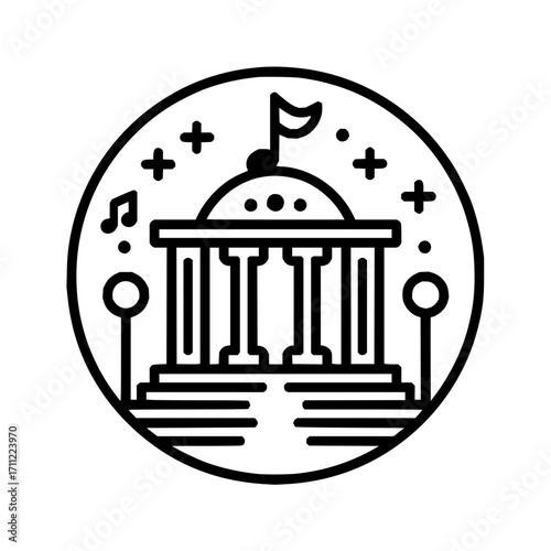 Illustration of a building with columns and a flag on top inside a circle with stars and music note
