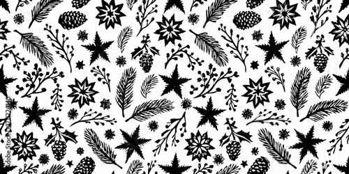 Seamless black and white hand drawn winter holiday pattern with pine branches pinecones berries and stars