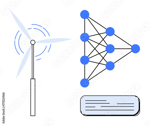 Wind turbine, neural network diagram with interconnected nodes, and data server represent renewable energy, AI, sustainability, and data analysis. Ideal for technology, innovation, renewable energy