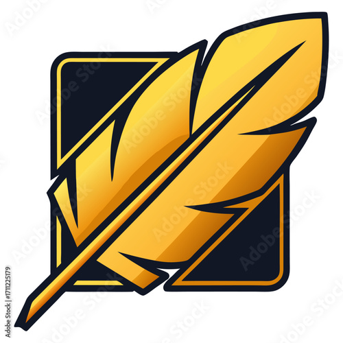 A bold, golden quill feather logo on a dark background, representing creativity, writing, and luxury. Ideal for authors, publishers, and literary themes.