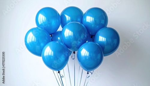 Bunch of bright blue party balloons, gathered closely and held by thin ribbons, against a plain, light background