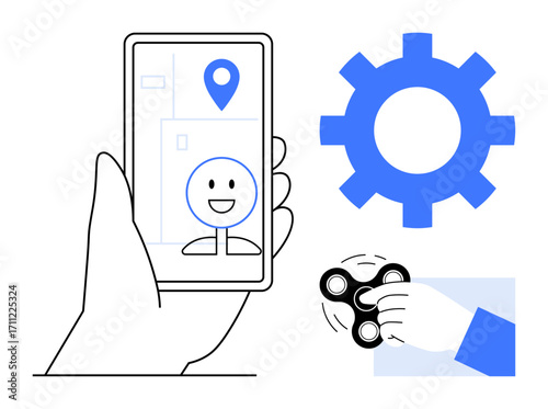 Hand holding smartphone with location and emotion on-screen, gear for process and innovation, hand using fidget spinner for focus. Ideal for technology, creativity, productivity, innovation, fun