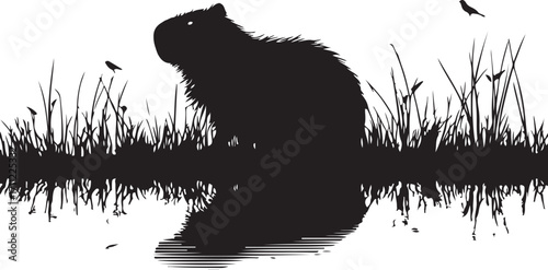 Capybara silhouette by water with birds and grass