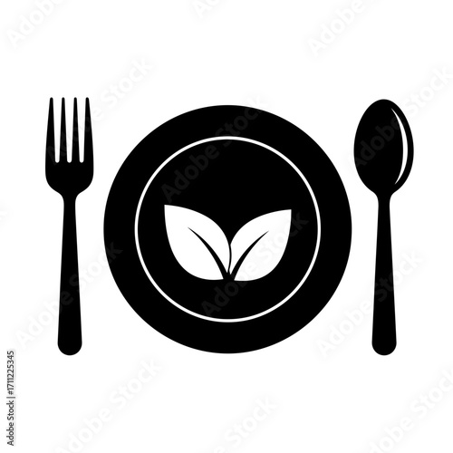 Vector art of black and white icon of a plate with a fork and spoon, symbolizing healthy eating and vegetarianism