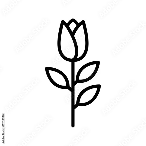 Vector art of a simple black outline of a single tulip flower with leaves on a, representing spring and beauty