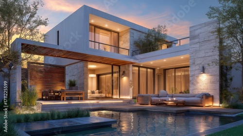Modern two-story house with clean lines, large glass windows, stone cladding, flat roof extension, outdoor living area,