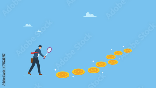 Curios businessman with magnifier inspect and follow money coins trail. Searching for investment opportunity, financial success or salary raise, inspect way to make profit and earning.