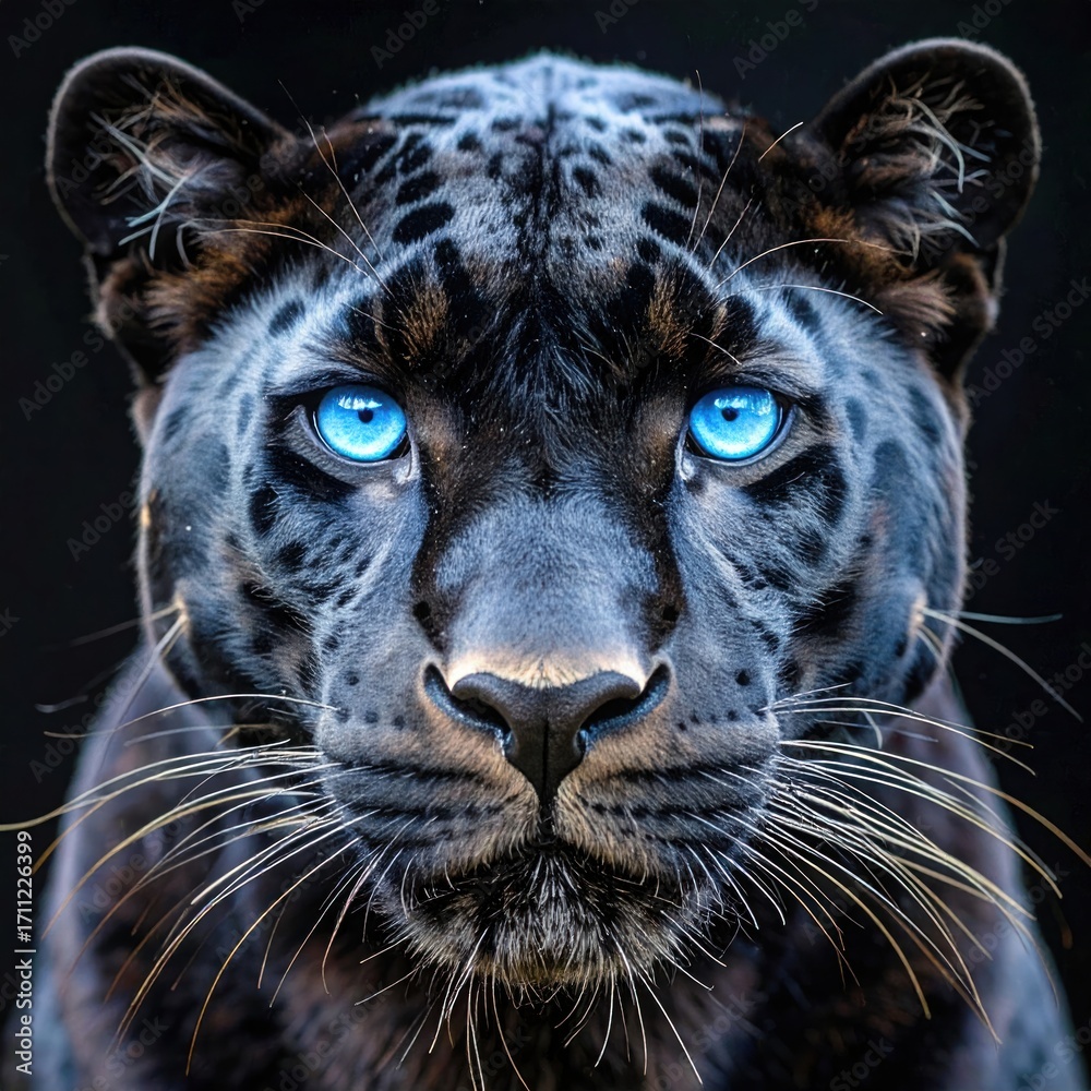 Obraz premium Intense close-up of a black panther's face with striking, piercing blue eyes set against a stark, dark background, highlighting its unique pattern