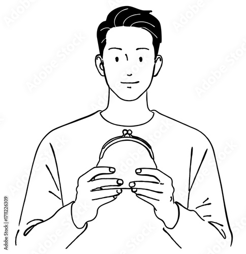 笑顔で財布を持つ若い男性のおしゃれな線画アイコンベクターイラスト / 家計 / 主婦 / ラインアート
