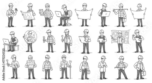 Collection of black and white drawings of construction workers in action