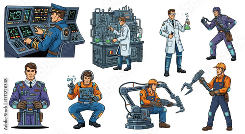 Collection of various professionals in different work environments shown