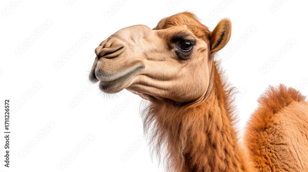 Fototapeta premium Close up portrait of dromedary camel with brown fur isolated on white background