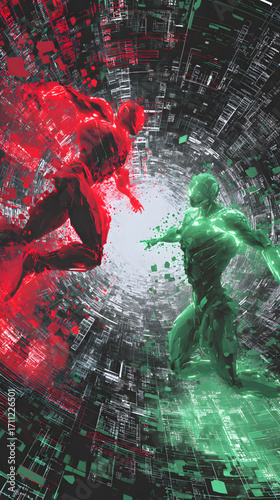 Dynamic figures clash in a vibrant display of energy and power.