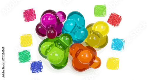 Arrangement of colorful translucent sculptures with sketch rectangles