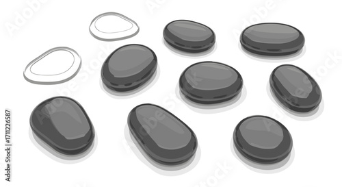 A collection of smooth gray stones and outline stones scattered around