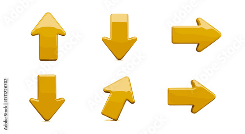 Assortment of shiny yellow arrows pointing in various directions shown