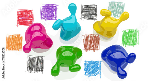 Arrangement of colorful blob shaped objects with crayon box backgrounds