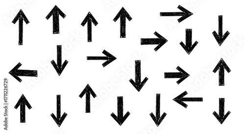 Collection of black arrows pointing in different directions on white