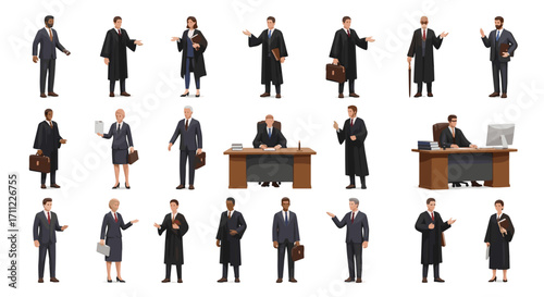 A collection of lawyers and judges in suits and robes in various poses