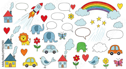 Assorted cartoon drawings featuring animals objects and speech bubbles