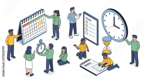 Isometric illustration of people managing time and tasks effectively