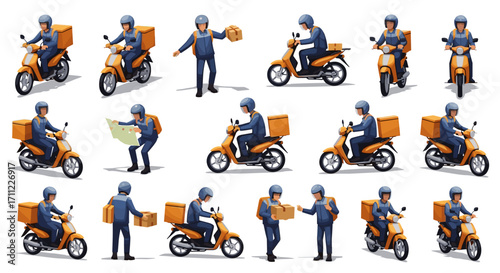 Multiple delivery drivers on scooters with boxes in various positions