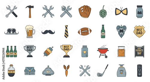 Assorted father's day themed icons including tools and sporting goods