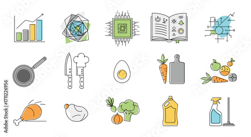 Assorted icons representing various concepts and objects on white background