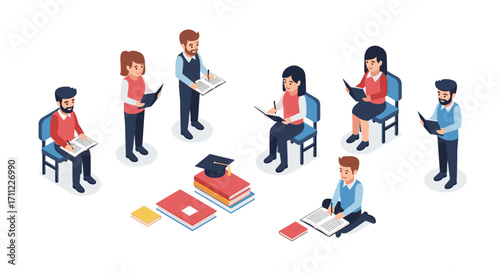 Isometric view of students reading books in a circle with graduation cap