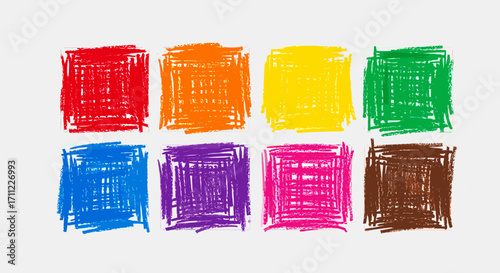 Eight colorful crayon rectangles arranged in two rows on white background