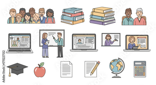 Illustration depicting various educational elements and learning tools