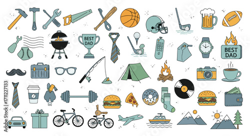 A collection of various objects and symbols representing fatherhood theme