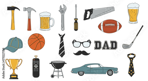 Illustration featuring various objects associated with fatherhood theme