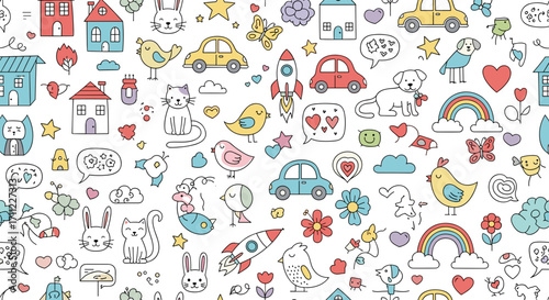 A whimsical pattern featuring houses cars animals and other cute objects
